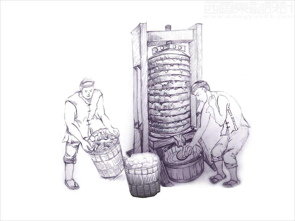 北京年糧食品有限公司壓榨一級(jí)花生油包裝設(shè)計(jì)核心元素壓榨花生油場(chǎng)景手繪插畫(huà)草圖之二