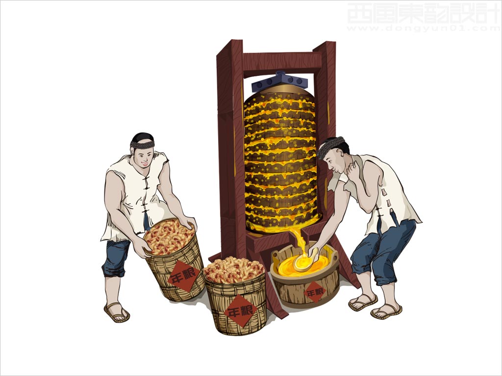 北京年糧食品有限公司壓榨一級(jí)花生油包裝設(shè)計(jì)核心元素壓榨花生油場(chǎng)景手繪插畫(huà)上色圖