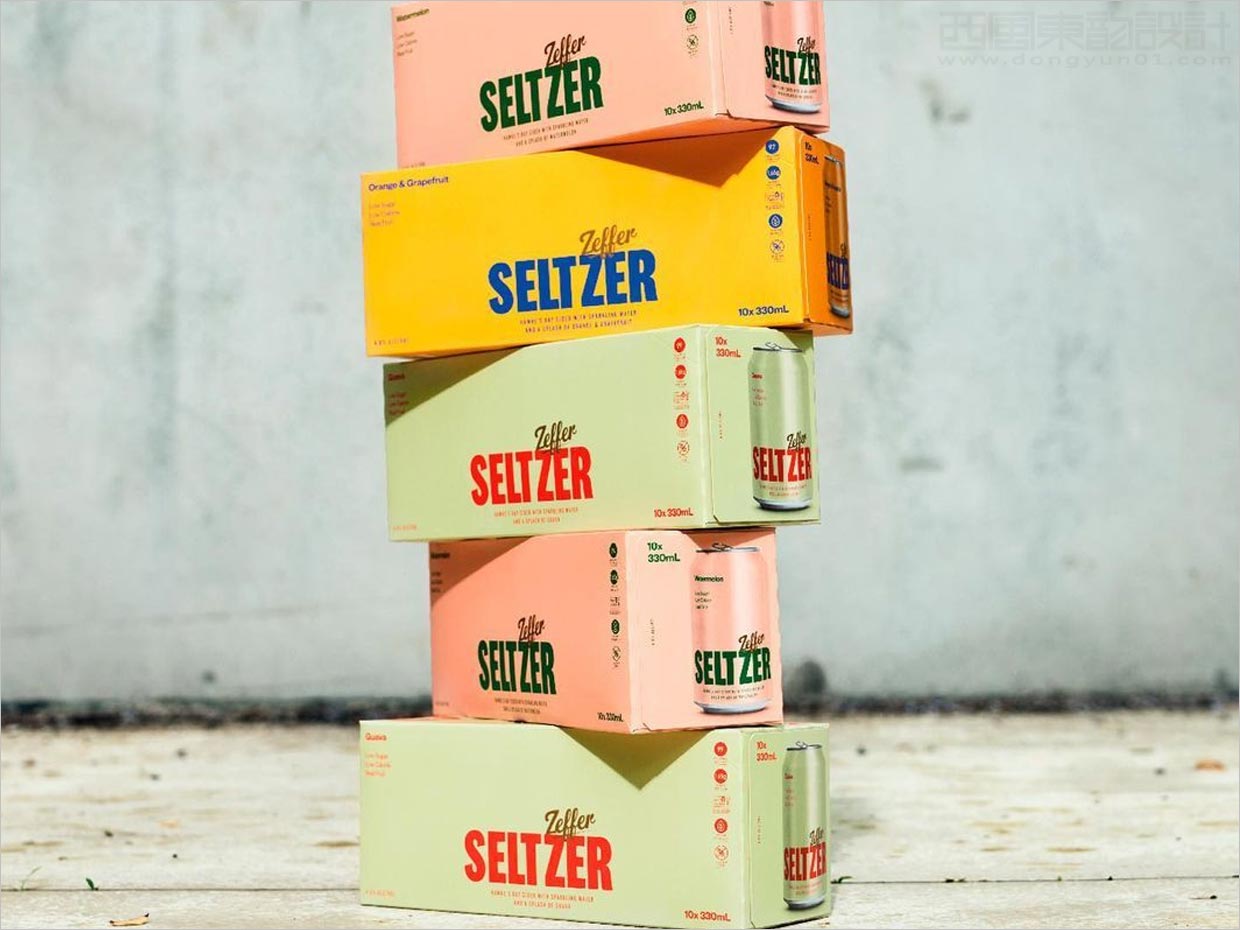 采用醒目品牌字體設(shè)計(jì)的新西蘭Zeffer蘋果酒蘇打水飲料外箱包裝設(shè)計(jì)